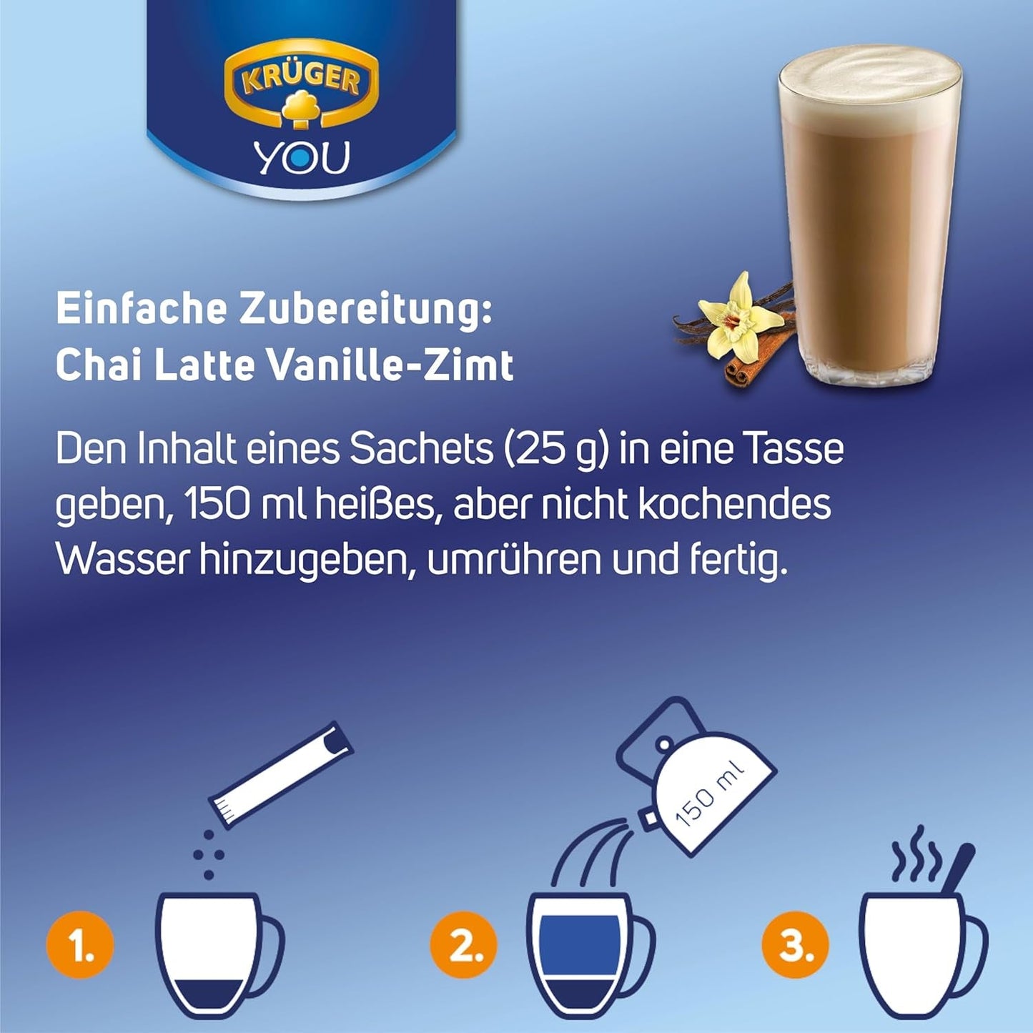 KRÜGER YOU Chai Latte Vanille Cannelle, préparation instantanée pour boissons lactées, aromatisée à la vanille et à la cannelle, 250 g (10 sachets de 25 g)