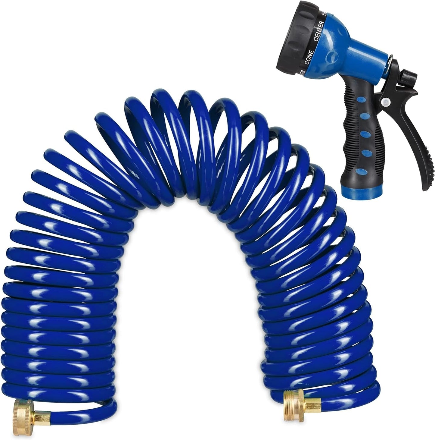 Relaxdays Tuyau spiralé extensible jusqu'à 10 m Tuyau d'arrosage flexible avec pulvérisateur d'eau 7 modes de pulvérisation Bleu 25 x 52 x 15 cm