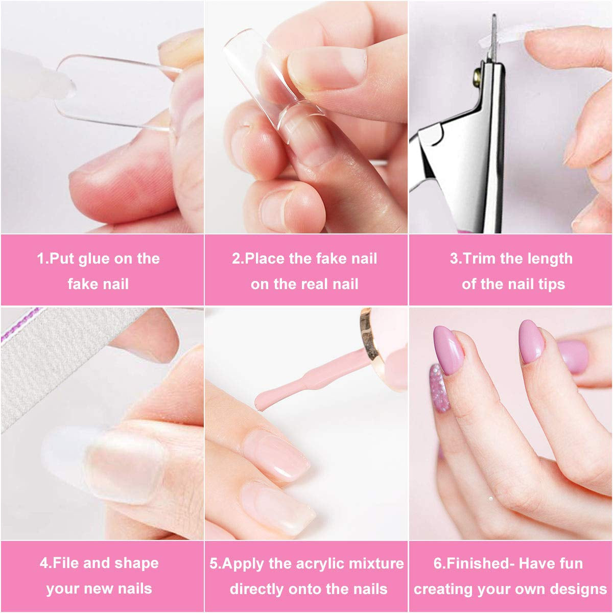 Faux ongles 500 pièces couleur naturelle faux ongles artificiels 10 tailles bricolage acrylique avec boîte brosse à ongles cuticule poussoir lime à ongles