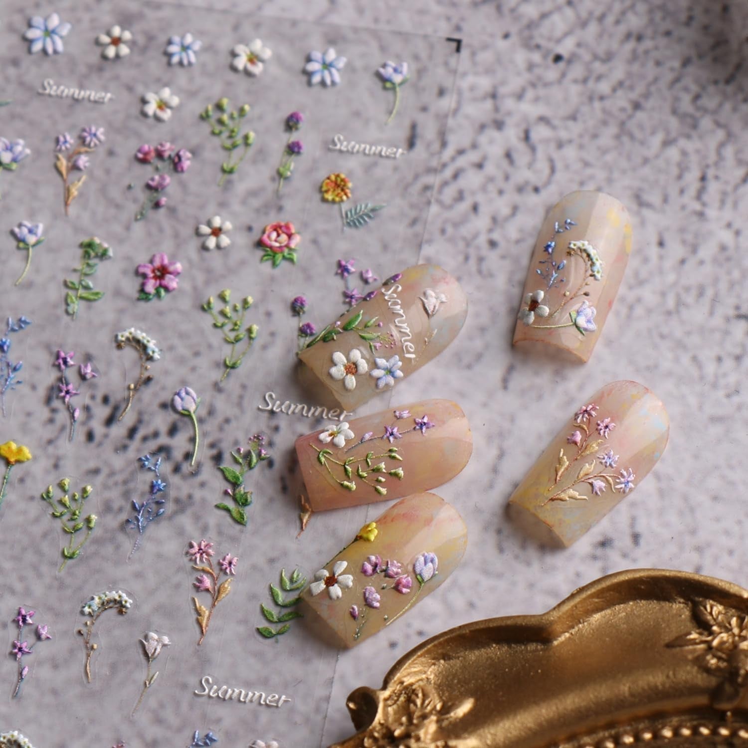 JMEOWIO Autocollant de manucure 3D en forme de fleur d'été floral pour nail art