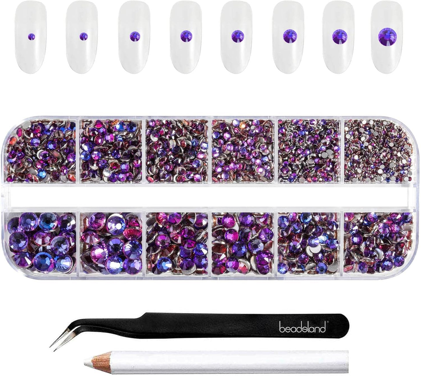 Beadland 2500Pcs Verre Nailart Strasssteine ​​​​Kristall Flatback Edelsteine ​​​​Runde, ​​​​pour Handwerk Gemischt 8 Größen SS4 ~ SS30 Mit Picking Pinzette Und Stift (Kristall Weiss)