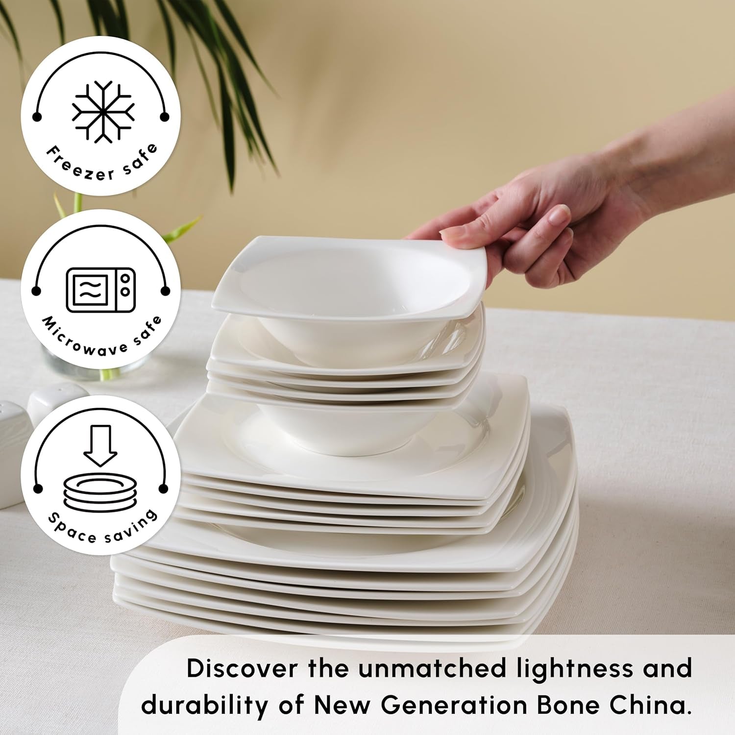 Karaca Jamie White Service de table pour 12, 52 pièces – Vaisselle élégante en porcelaine pour 12 | Comprend des assiettes, des tasses, des bols |