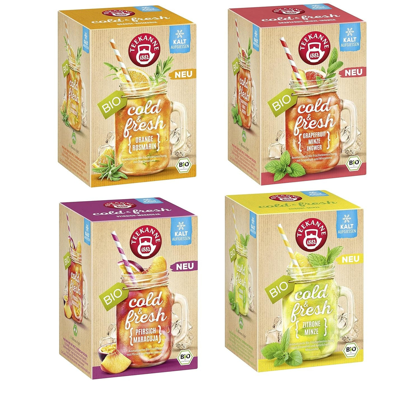Teekanne Cold & Fresh BIO 4Er Mix - Avec les nouvelles variétés citron-menthe, pêche-maracuja, orange-romarin, pamplemousse-menthe-gingembre (4 X 45G)