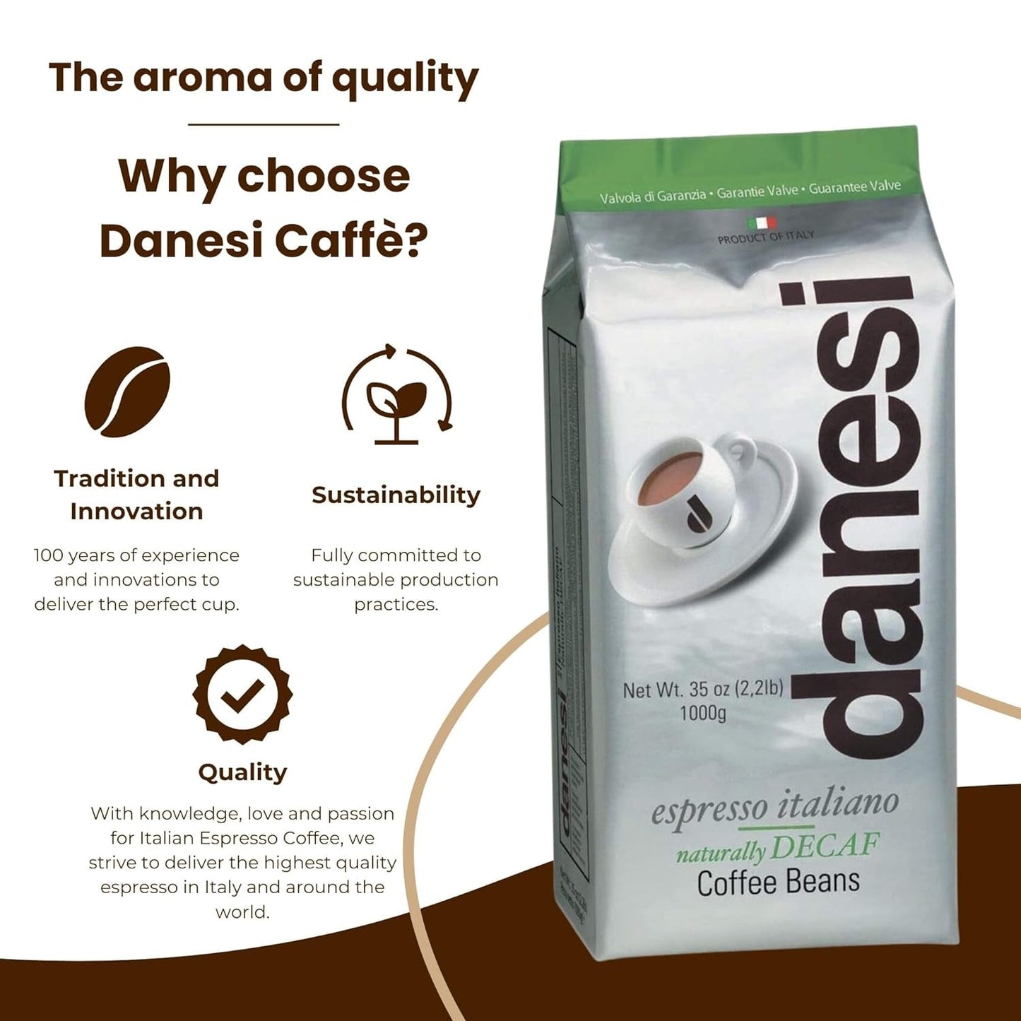 Danesi Decafeinato (décaféiné), haricots, 1 paquet (1 x 1 kg)