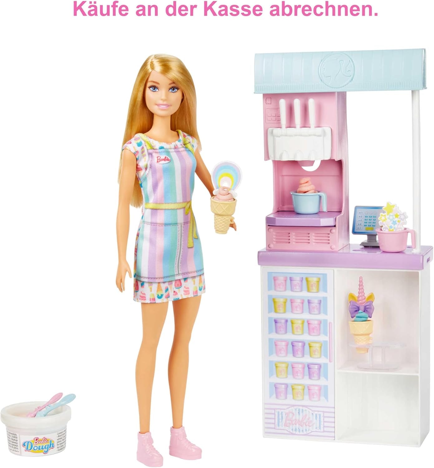 Barbie série You Can Be Anything, salon de crème glacée, 1 poupée Barbie aux cheveux blonds, machine à crème glacée, Barbie Play-Doh, accessoires de pâtisserie, cadeau pour enfants, jouet à partir de 3 ans, HCN46