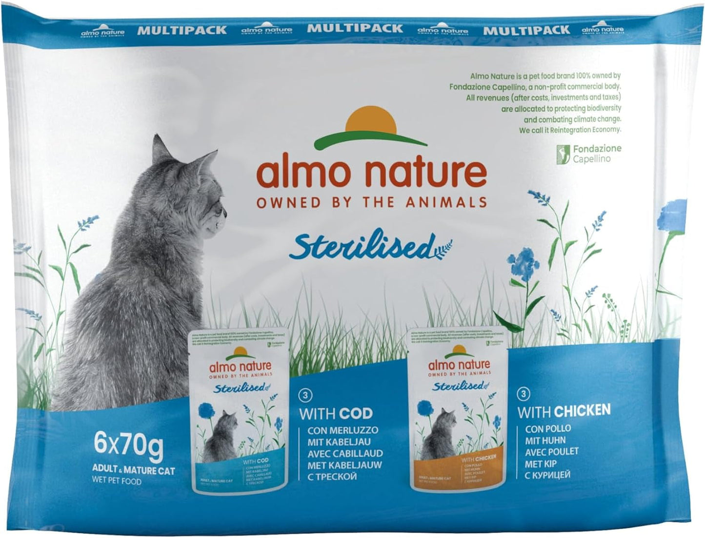 Almo Nature Functional - Stérilisé - Aliment humide pour chat adulte et senior, stérilisé ou peu actif - au cabillaud et au poulet - Faible en gras, hydratant - 70g (paquet de 6)
