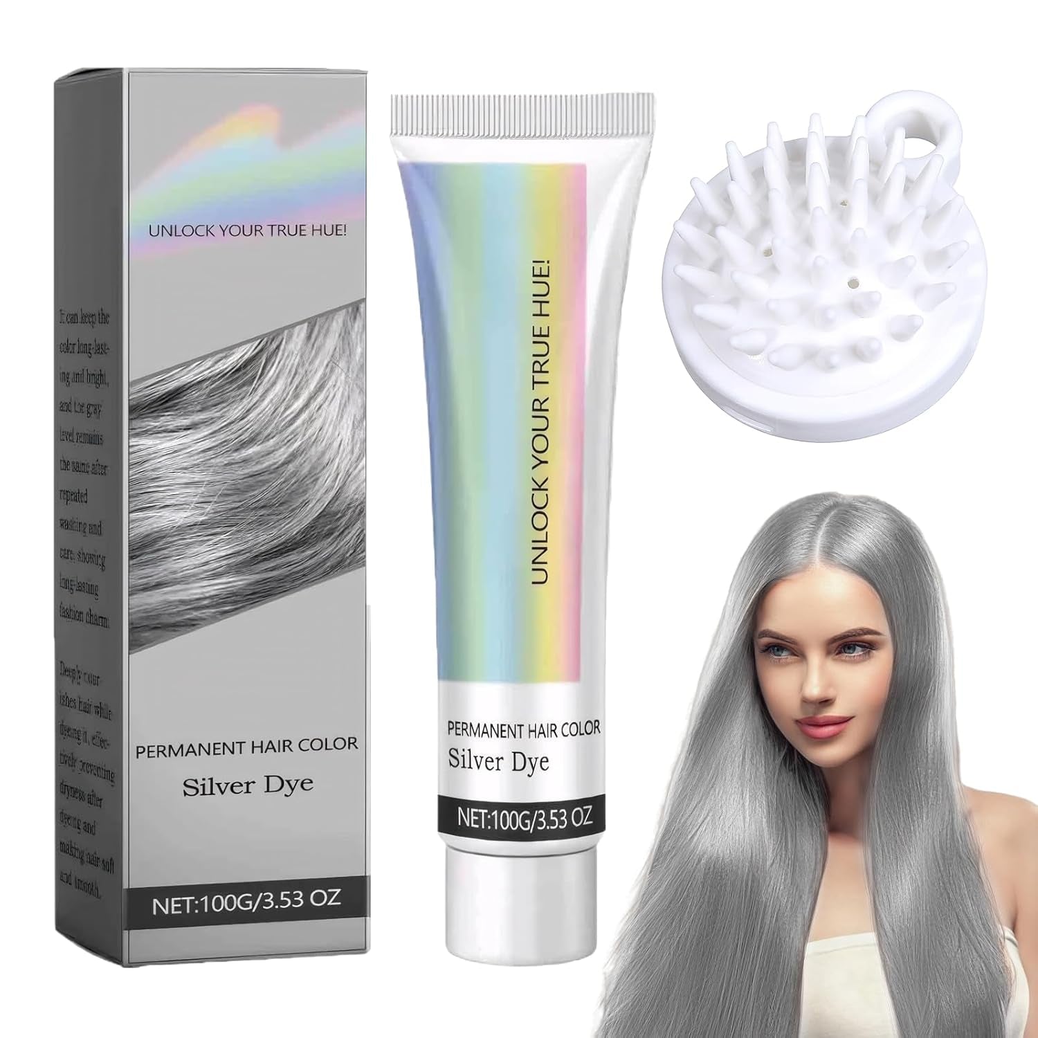 Teinture pour cheveux gris argent crème de teinture pour cheveux gris argent naturel, crème de teinture pour cheveux gris gris argenté, crème de teinture pour cheveux naturelle gris argenté Teinture pour cheveux gris pour tous les types de cheveux avec 1 masseur de cuir chevelu (100 ml) Naty Shop Hair Dye Default Title