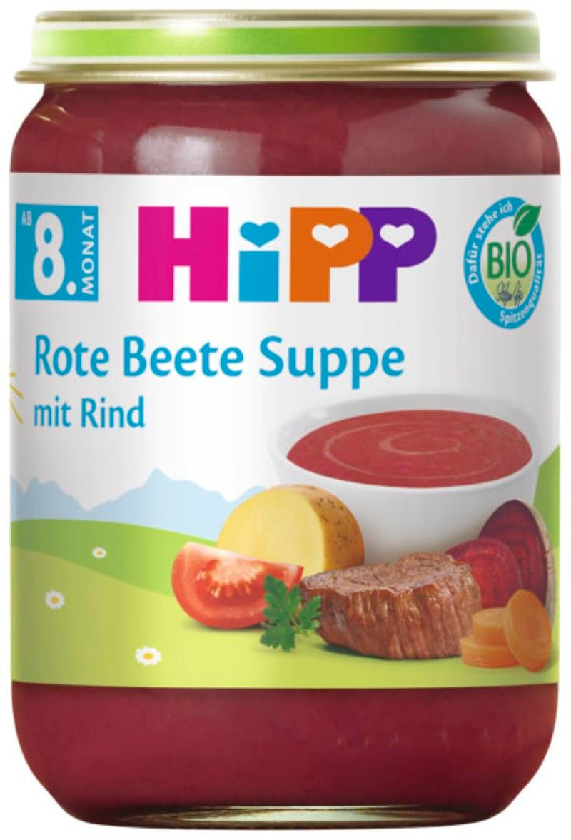 Soupe de betterave au bœuf HiPP Bio (6 x 190g), dès 8 mois, sans sel ajouté, sans gluten, avec Oméga 3, meilleure qualité bio