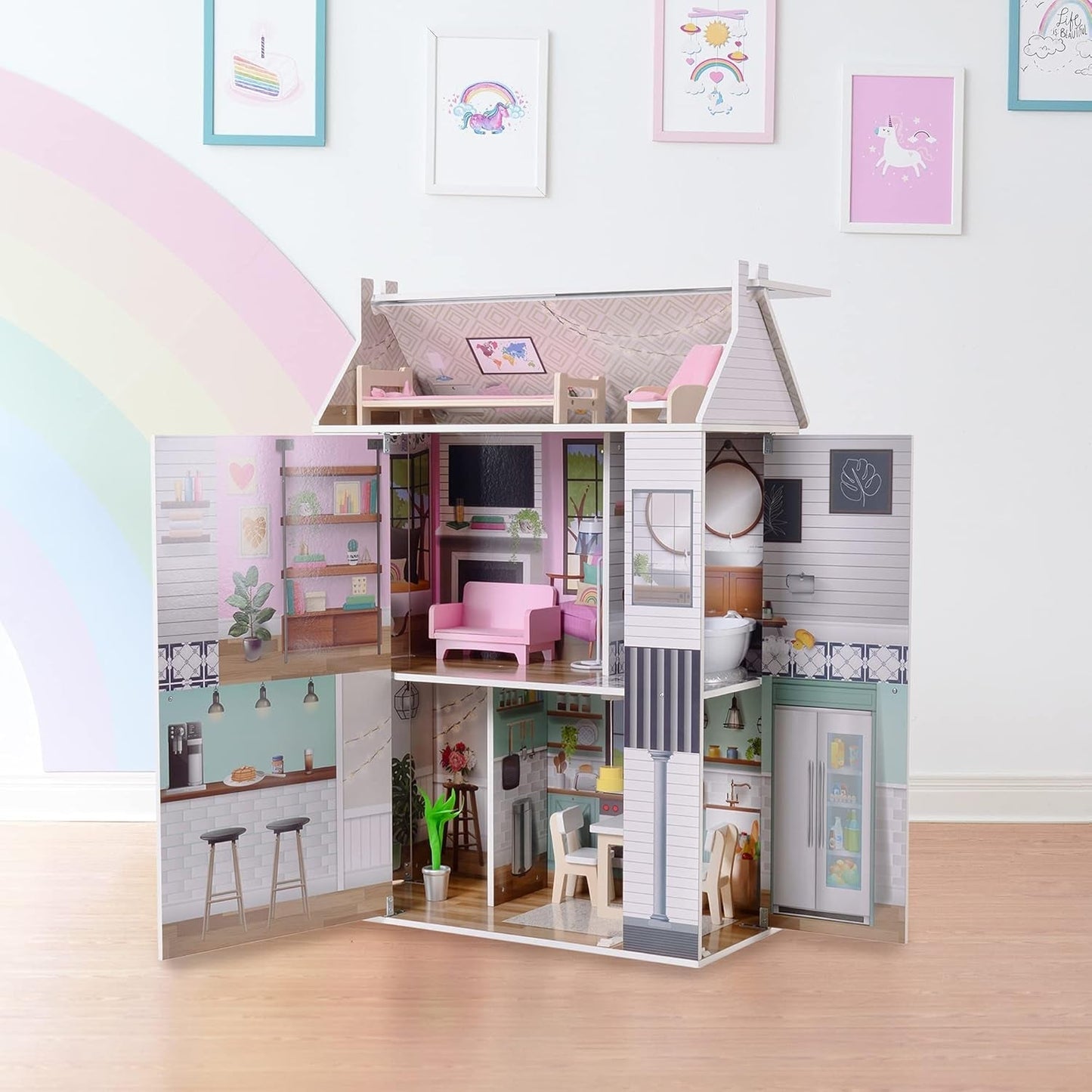 Olivia'S Little World Dreamland Farmhouse Maison de poupée interactive en bois pour enfants 3 étages avec 13 accessoires de meubles de poupée Blanc TD-13632A Maisons de poupées Naty Shop