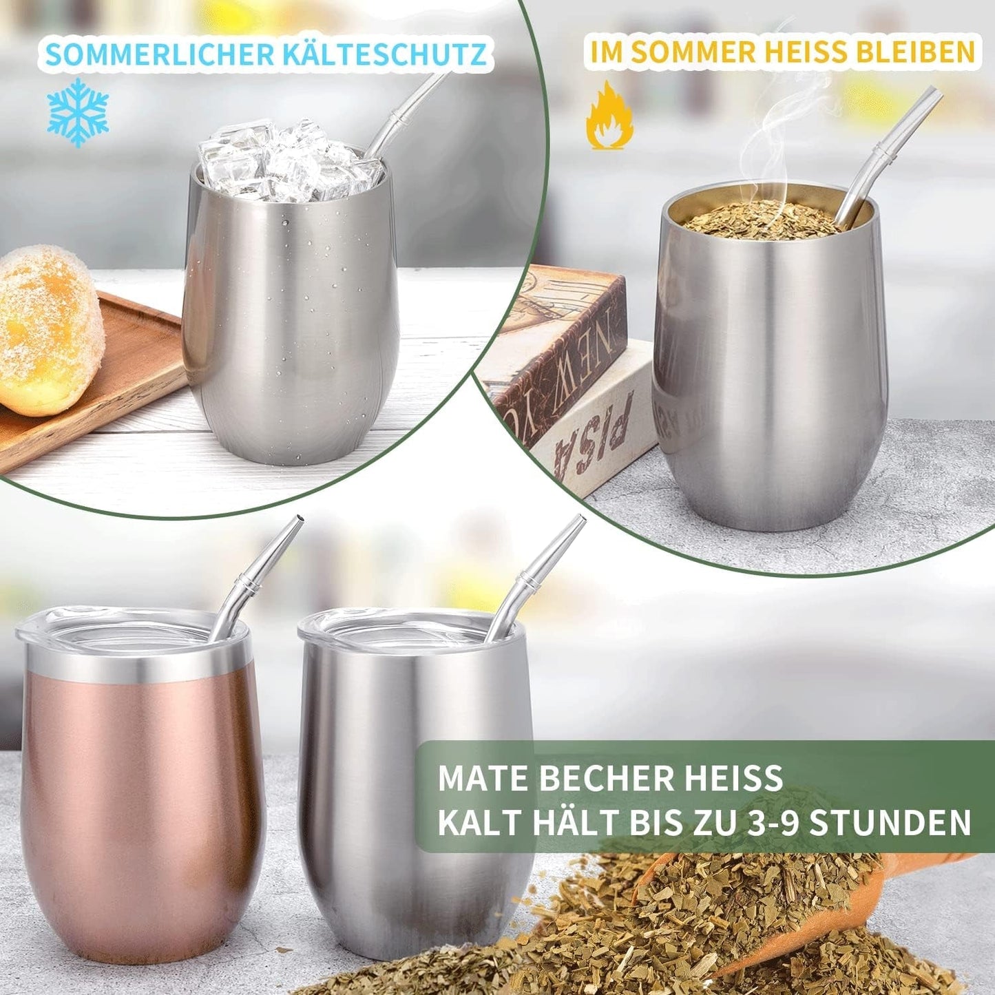 Tasse Mate moderne 340 ml, ensemble de tasses isothermes à double paroi en acier inoxydable Yerba Mate, tasse à thé Mate avec couvercle sans BPA, bombillas et brosse de nettoyage (argent)