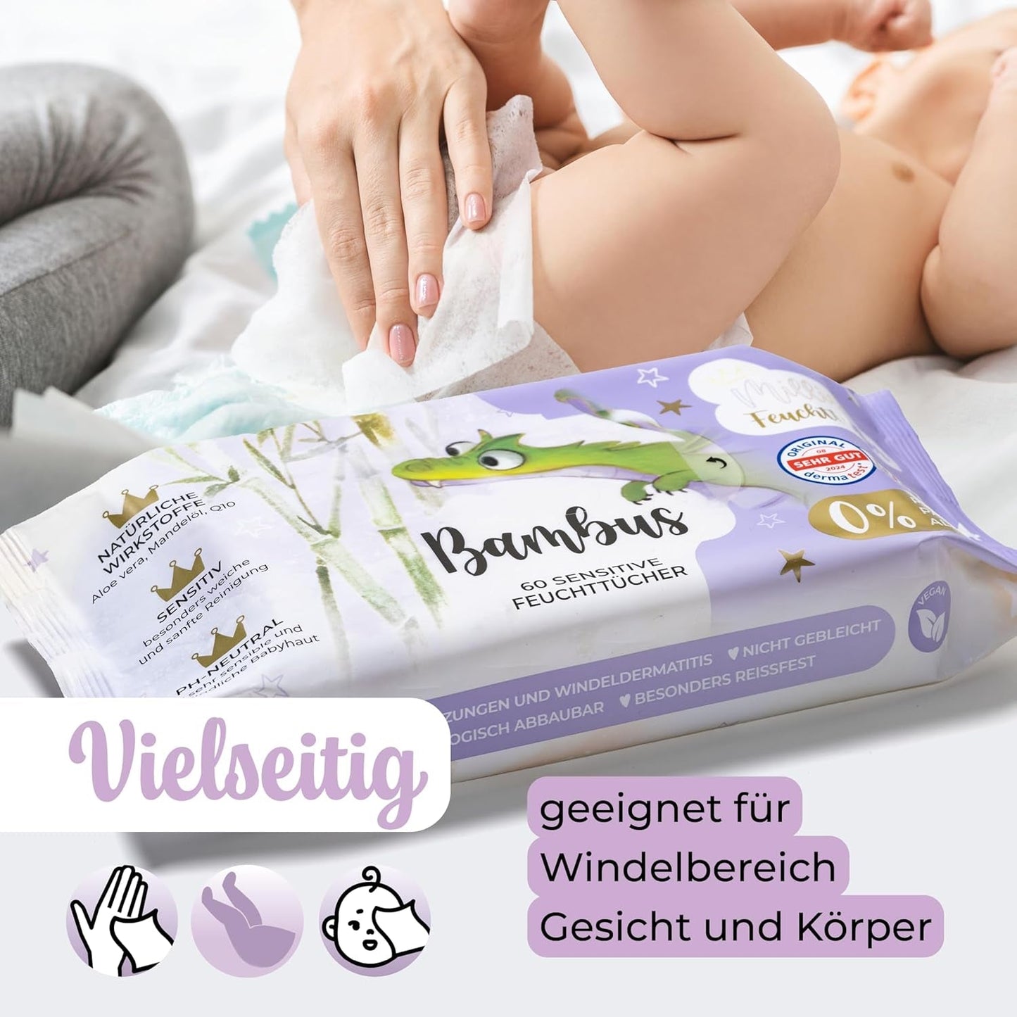 Lingettes humides Millis Bamboo Baby Sensitive pour peau délicate de bébé - 5 x 60 pièces - Nettoyage naturel, doux et durable - Lingettes bébé biodégradables, sans plastique et sans alcool