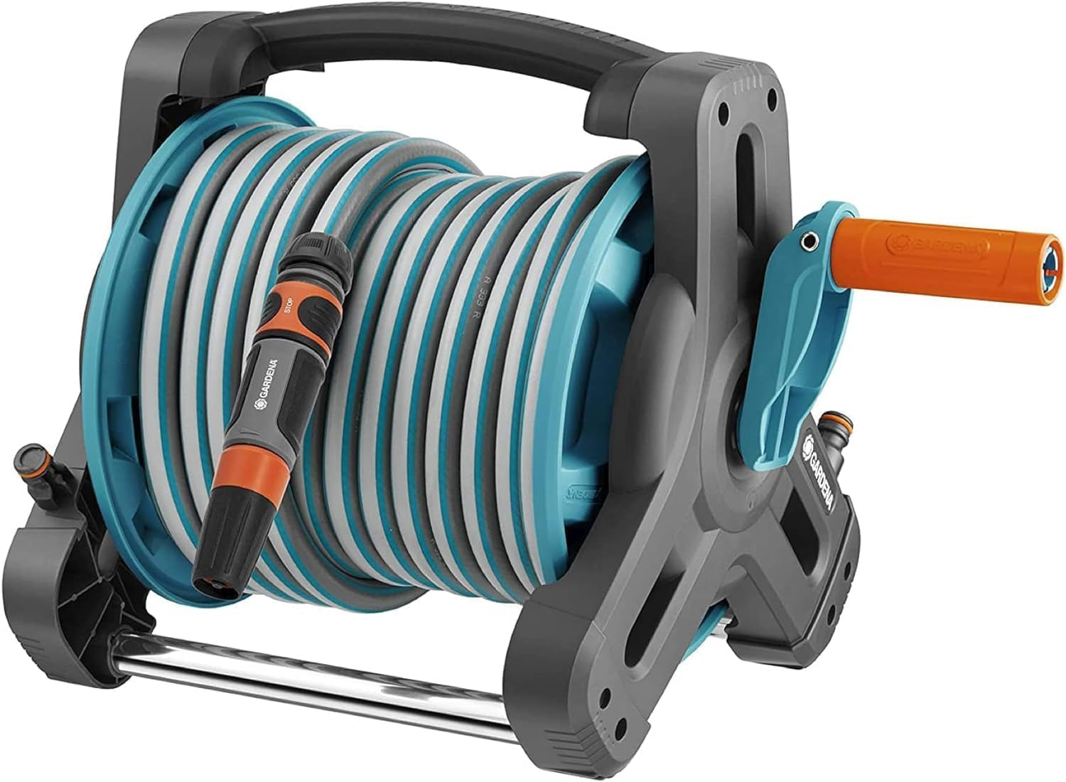 Gardena Classic Wall Hose Reel Set 50 : Enrouleur de tuyau mobile, peu encombrant, montable au mur et amovible à tout moment, avec tuyau de 20 m, buse de pulvérisation et pièces du système (8009-20)