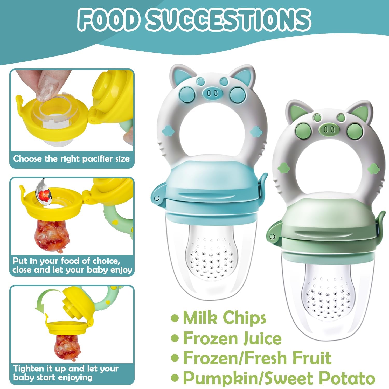 Sucettes aux fruits pour bébé, paquet de 2 sucettes aux fruits pour bébés à partir de 3 mois, version améliorée 2023, tétines à remplir, tétines au porridge, tétines aux fruits pour bébés, sans BPA, 8 tétines en silicone en 3 tailles