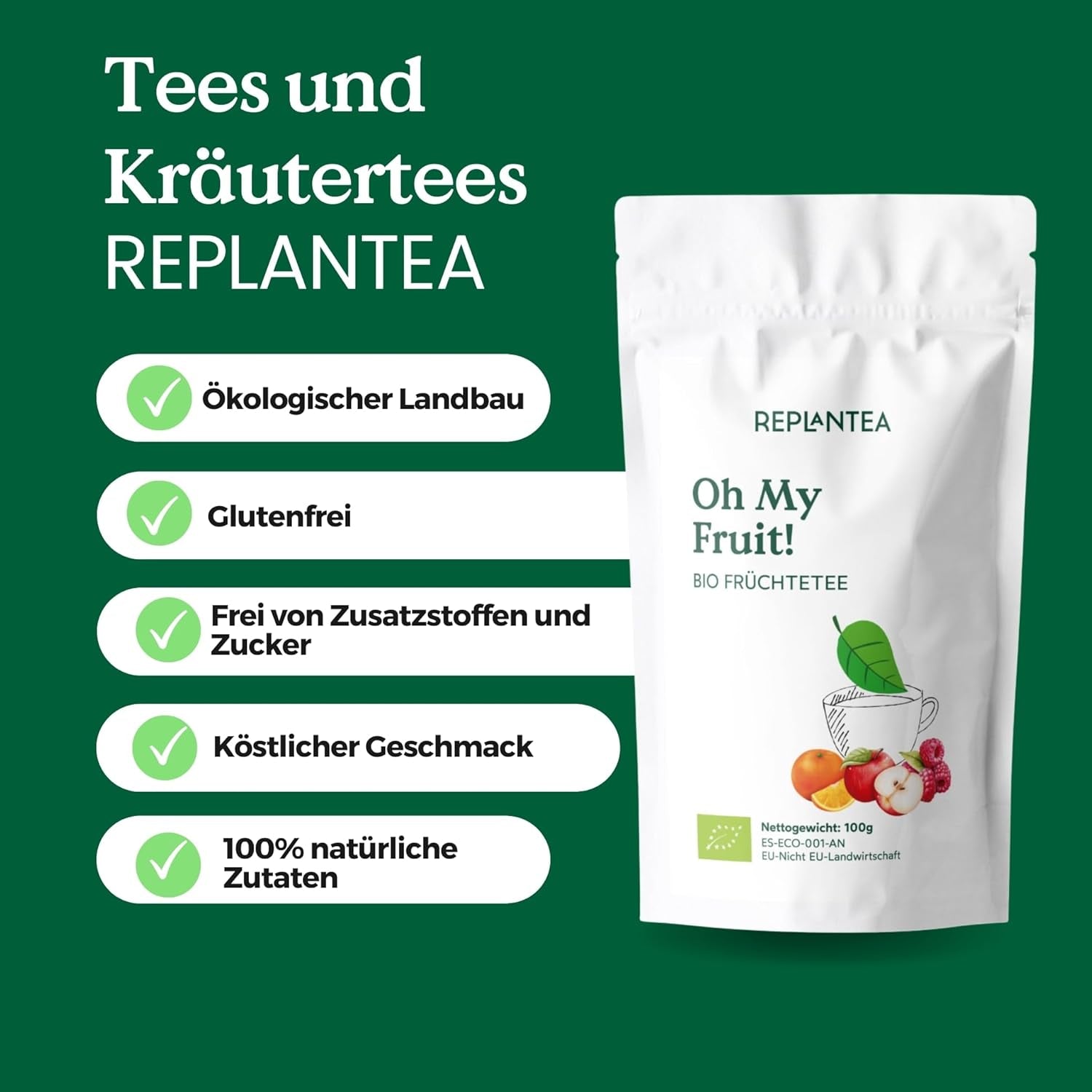 Thé aux fruits Oh My Fruit BIO 100 g (50 tasses) | Thé aux fruits en vrac avec pommes, hibiscus, framboises, oranges et feuilles de stévia REPLANTEA