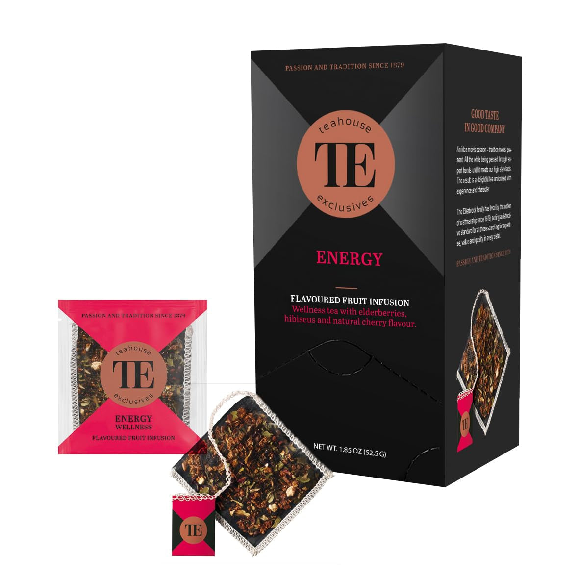 Teahouse Exclusives Luxury Tea Bag Energie, 15 sachets - Thé bien-être au sureau, hibiscus et arôme naturel de cerise