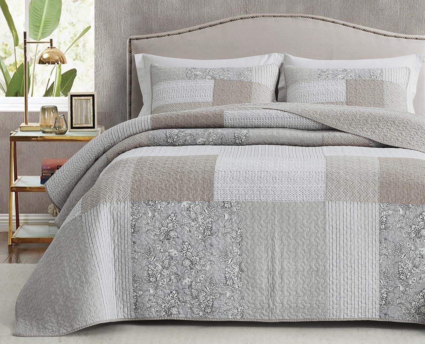 Chezmoi Collection Ensemble de courtepointe Addy Patchwork en coton prélavé léger réversible toutes saisons surdimensionné 3 pièces bleu marine blanc gris taupe courtepointes et courtepointes Naty Shop Hibiscus patchwork taupe Queen