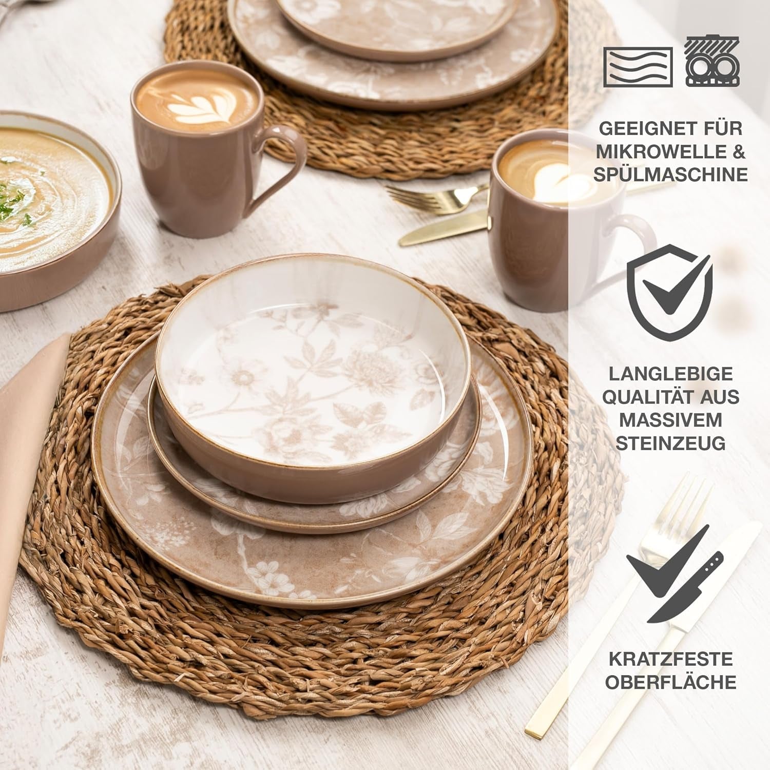 Moritz & Moritz MARIELLA Service de table en grès pour 6 personnes, 24 pièces - Vaisselle beige moderne au design ludique, service à café facile d'entretien avec assiettes, bols et tasses - Service combiné