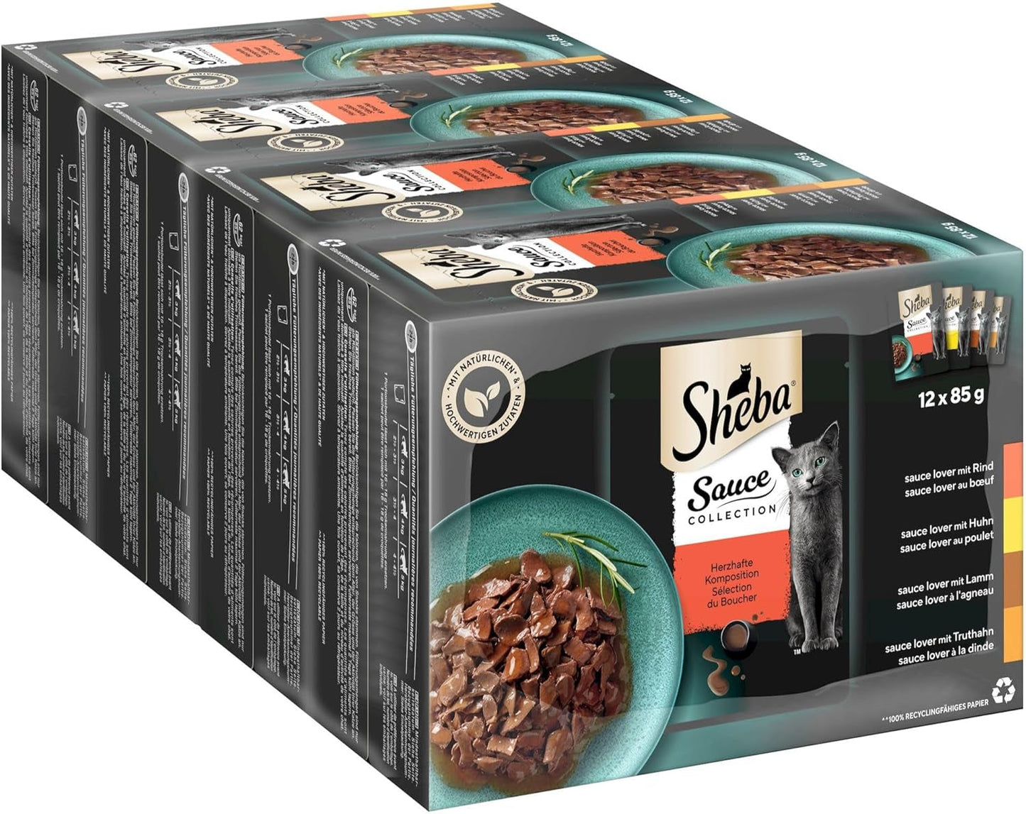 Sheba Sauce Collection Nourriture humide pour chats, sachets portionnés, emballage multiple salé, 4x12x85g