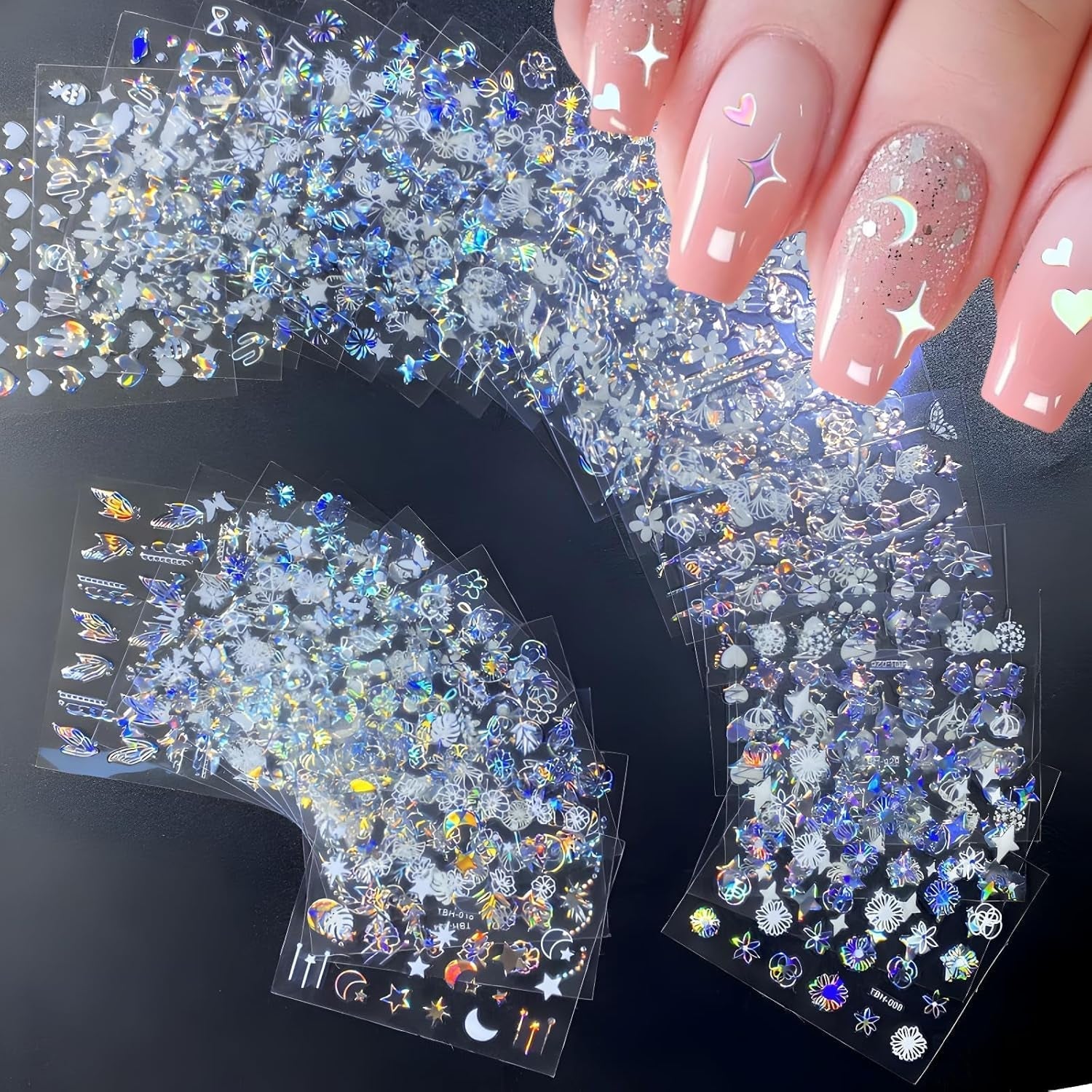 30 Blatt Aurora-Nagelkunst-Aufkleber, Selbstklebende 3D-Blumen-Nagelaufkleber, Aurora-Mond-Stern-Nagelaufkleber pour l'art de l'artisanat, Blatt-Herz-Nageldesign pour DIY-Acrylnägel-Dekoration