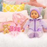 Bayer Design 94694AG 94694AA, poupée fonctionnelle, poupée interactive Piccolina Magic Eyes, bouge la bouche, cligne et ferme les yeux, parle, violet, 46 cm