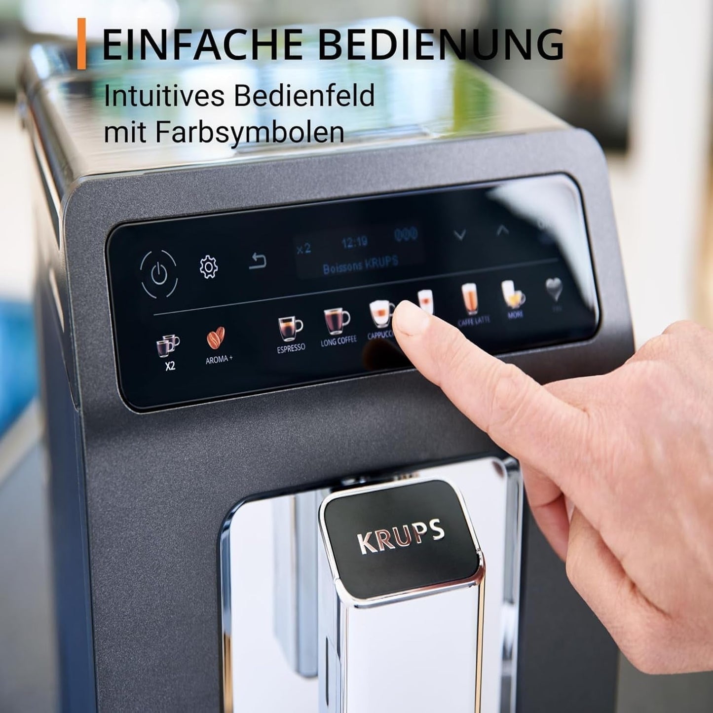 Machine à expresso automatique KRUPS Evidence One avec tuyau à lait, cappuccino à une touche, 12 boissons spéciales, fonction 2 tasses, écran couleur, machine à expresso, certificat TÜV, noir, EA895N10