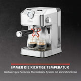 Caso Espresso Gourmet - Machine à expresso porte-filtre en acier inoxydable, puissante pompe Ulka 19 bars, avec mousseur à lait, pour café moulu ou capsules de café ESE, pour 2 tasses, avec chauffe-tasses