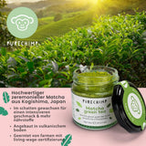 Poudre de matcha de qualité cérémonielle Purechimp 50 g. Poudre de thé 100 % pure cultivée à l'ombre pour les lattés, les infusions et les recettes. Pot recyclable. Riche en antioxydants.