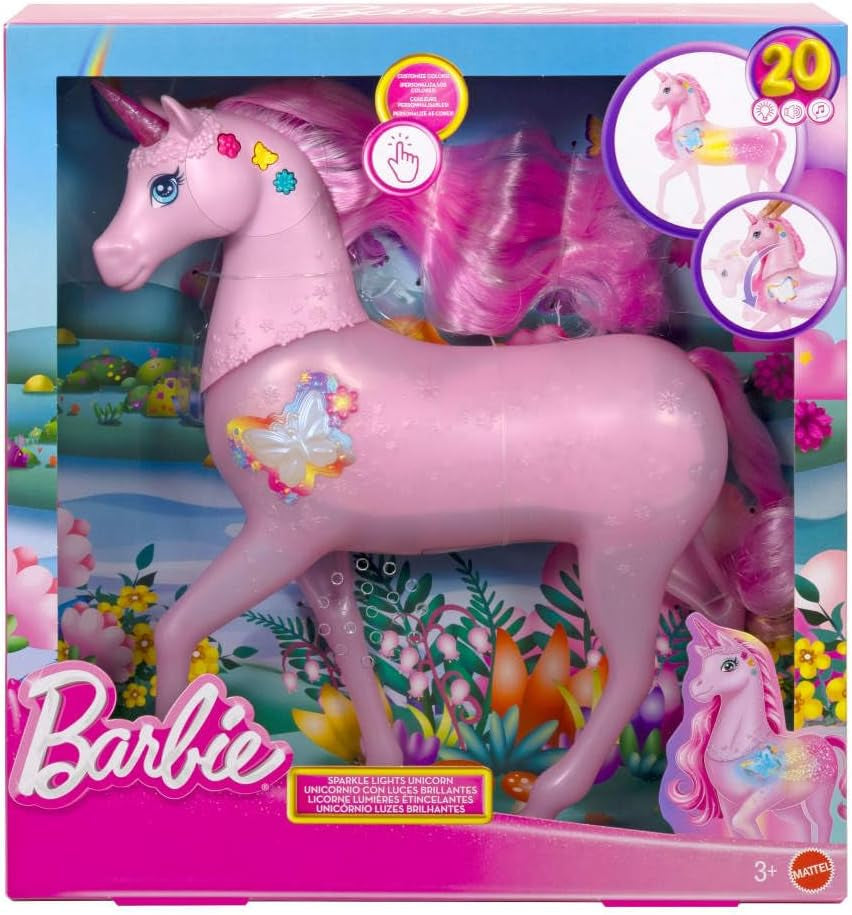 Licorne Barbie qui brille dans le noir avec 20 combinaisons interactives d'effets lumineux, sonores et musicaux pour jouer avec des boutons-poussoirs et des coups de tête, JCP78