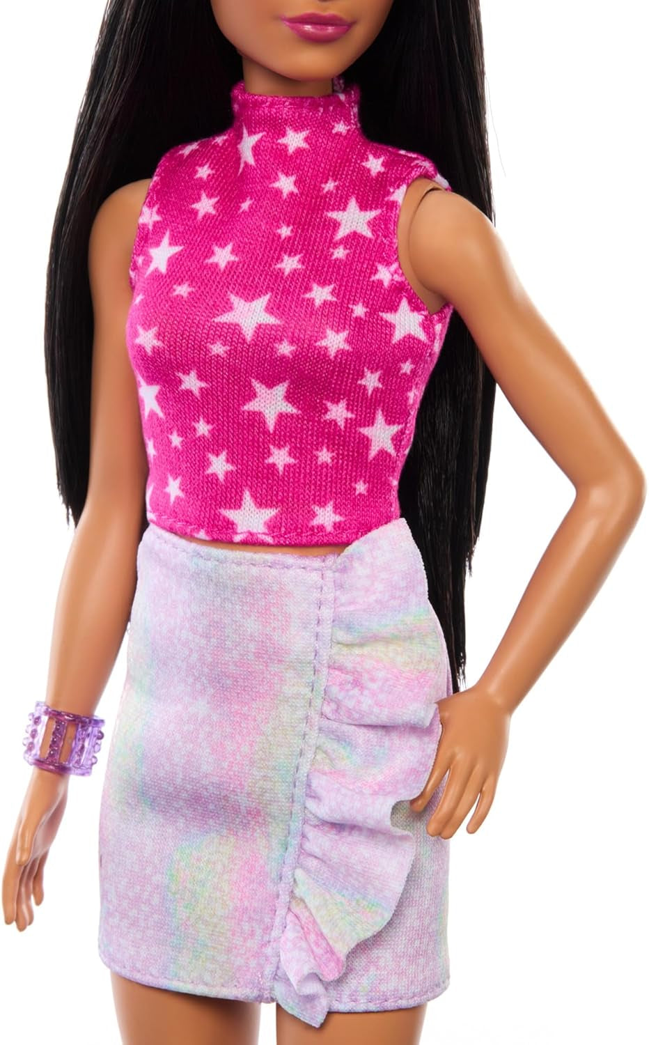 Poupée Barbie Fashionistas no. 215 avec haut à motif étoile rose cheveux noirs raides et jupe irisée poupée de mode à collectionner 65e anniversaire HRH13 Naty Shop Dolls