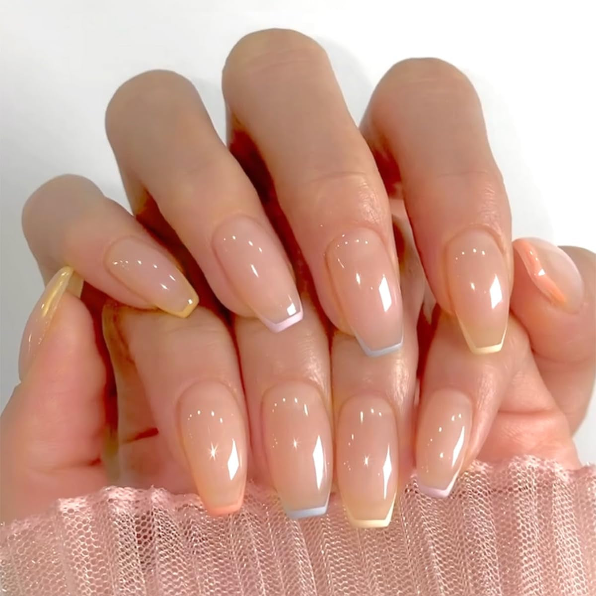 Longs conseils français colle à paillettes d'or sur les ongles longs carrés paillettes pointe française faux ongles ensemble ongles artificiels carrés pour les femmes 24 pièces