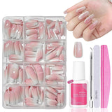 Ensemble de faux ongles – 240 pièces de faux ongles français à coller – Rose blanc dégradé design ongles artificiels couverture complète en gel doux naturel et confortable à porter (rose amande)