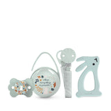 Coffret Suavinex pour nouveau-né. Coffret 4 pièces comprenant : Sucette Physiologique SX Pro pour bébé 0-6 mois + attache-sucette + attache-sucette Duo + anneau de dentition en silicone. Pays des merveilles, beige