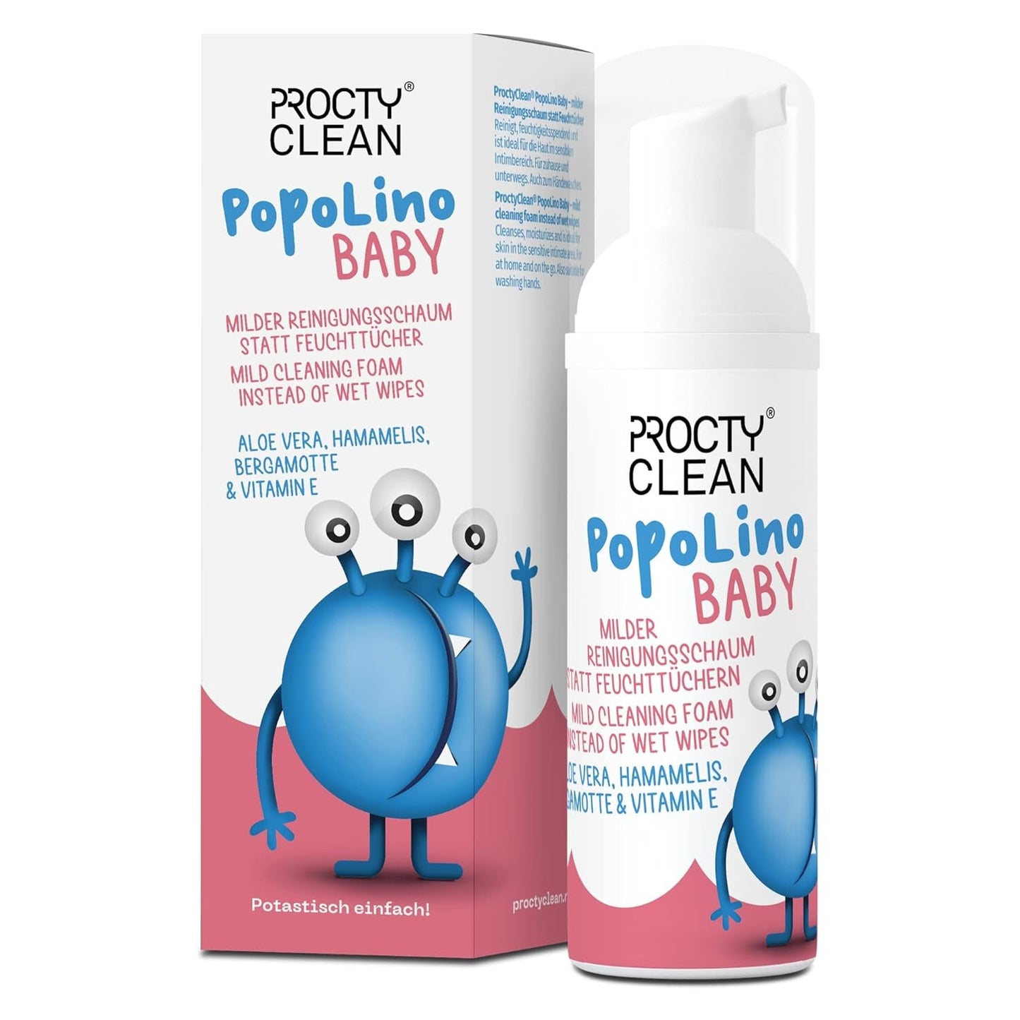 Mousse à fond souple PopoLino Baby au lieu de lingettes humides pour bébé. Mousse nettoyante cosmétique vegan et naturelle ! Mousse inférieure à l'aloe vera, à l'hamamélis, à la bergamote et à la vitamine E. Rend les fesses et l'environnement heureux.