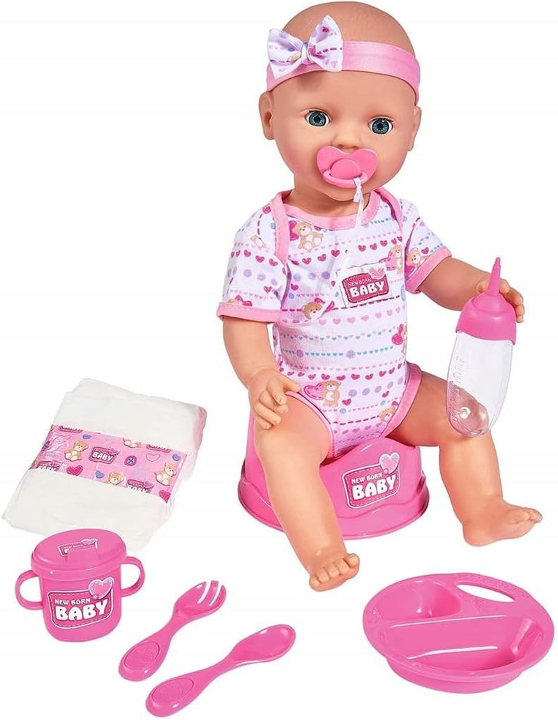 Simba 105039005 - Poupée nouveau-né, 3 ans et plus, poupée de jeu avec fonctions, peut boire et faire pipi, 8 pièces, avec poupée et accessoires