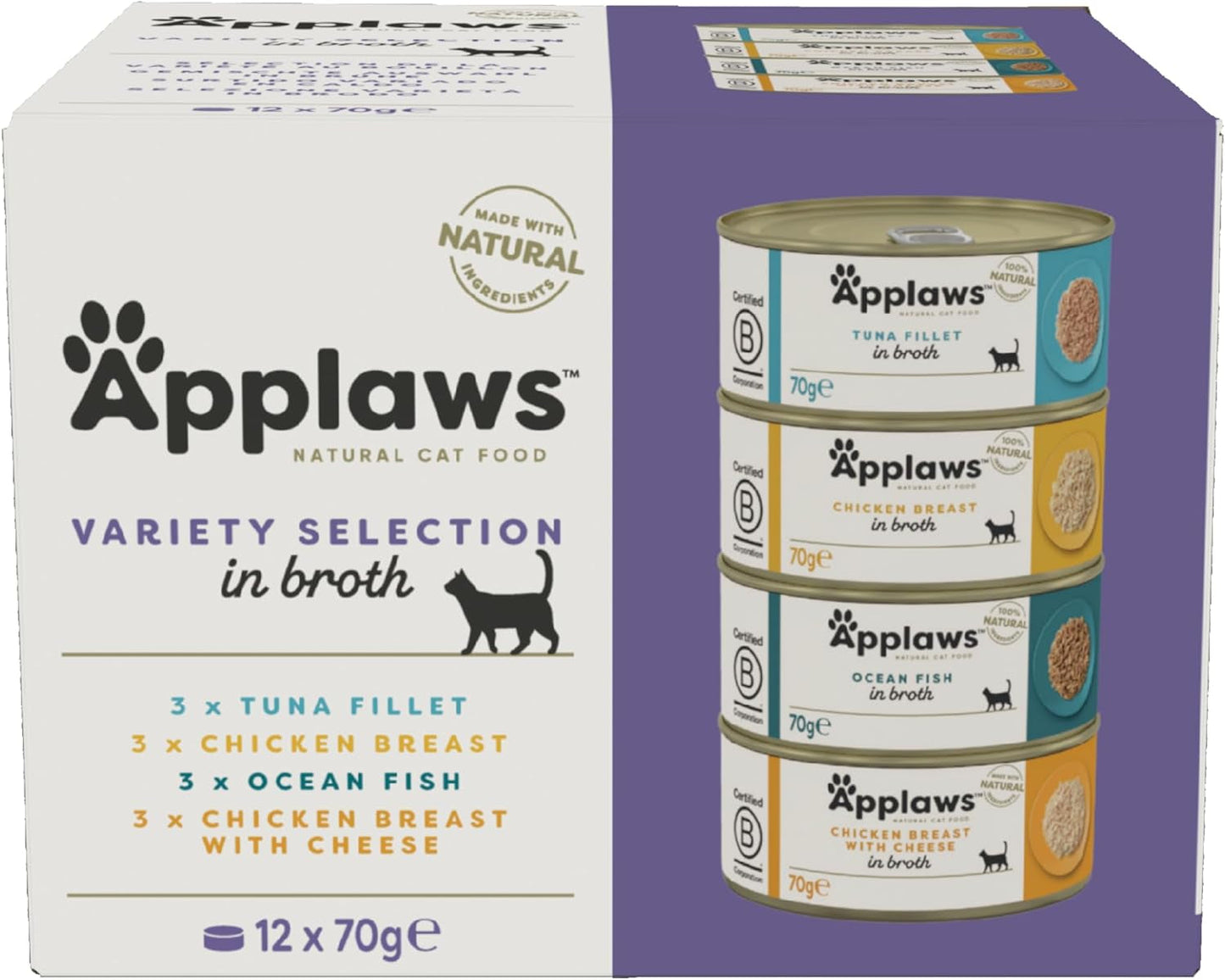 Applaws Nourriture humide 100 % naturelle de qualité supérieure pour chats adultes en bouillon – Thon, poulet, fruits de mer, sélection mixte en bouillon – Lot de 12 boîtes x 70 g
