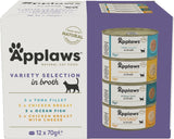 Applaws Nourriture humide 100 % naturelle de qualité supérieure pour chats adultes en bouillon – Thon, poulet, fruits de mer, sélection mixte en bouillon – Lot de 12 boîtes x 70 g