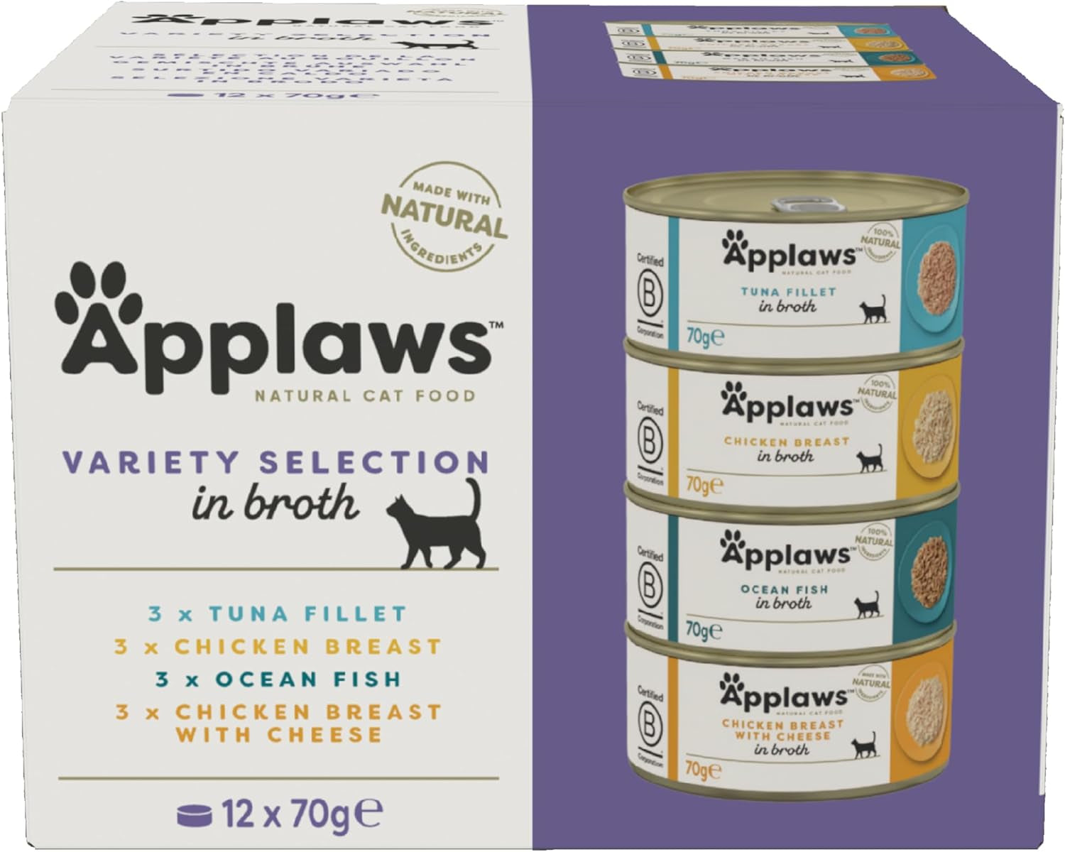 Applaws Nourriture humide 100 % naturelle de qualité supérieure pour chats adultes en bouillon – Thon, poulet, fruits de mer, sélection mixte en bouillon – Lot de 12 boîtes x 70 g