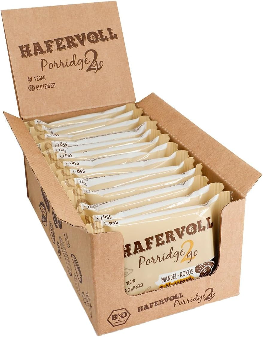 Hafervoll Porridge2go Beurre de cacahuète et noix, 13 barres x 55 g - Snack végétalien, biologique, sans gluten, sans sucre ajouté, avec avoine, dattes et bonbons au quinoa