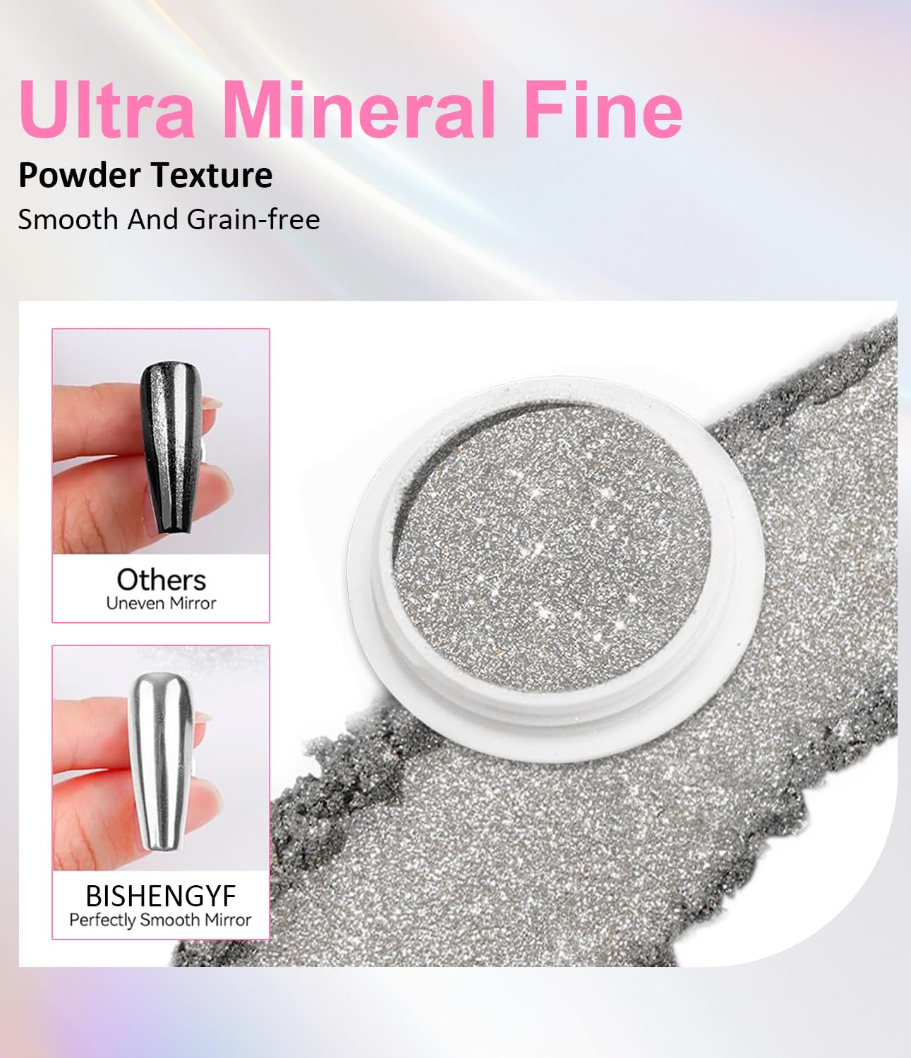 BISHENGYF Silver Chrome Nail Powder - Metal Holo Chromfarbener Nagelpuder, 1G Cromepulver Nägel Glitzer Glänzende Silver Nagelpulver Spiegeleffekt Pigment Nagelkunst, DIY-Design-Dekor Frauen Geschenk