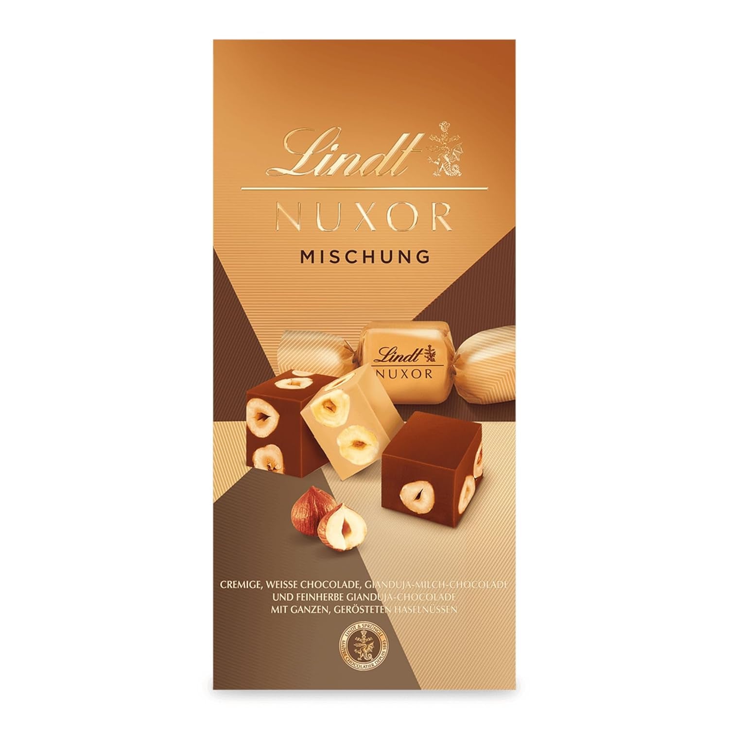 Chocolat Lindt | Mélange pour sac NUXOR | 103g | Cubes de chocolat crémeux au Gianduja en trois assortiments avec noisettes entières grillées | Cadeau chocolat
