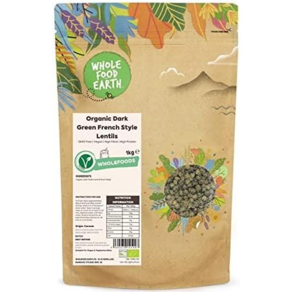Wholefood Earth Lentilles vert foncé biologiques à la française 1 kg sans OGM | Végétalien | Riche en fibres | Riche en protéines | Certifié biologique