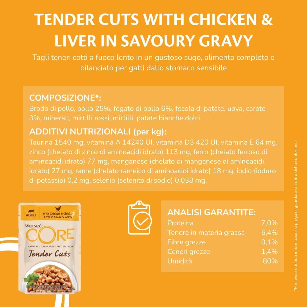 Wellness CORE Tender Cuts 6 x 85g, Chicken Selection Mix - Nourriture humide pour chats, morceaux tendres en sauce, sans céréales, naturelle, hypoallergénique, riche en protéines, haute teneur en viande
