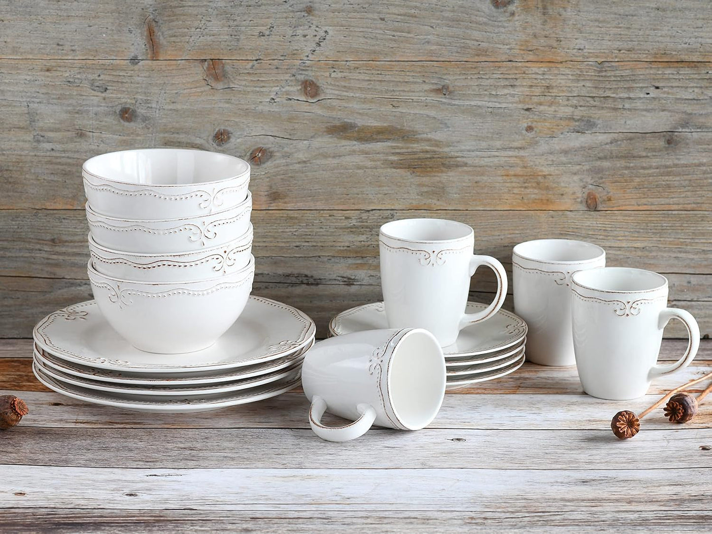 CreaTable, 23601, Série Romantic Vintage, Service de table 16 pièces pour 4 personnes, Service combiné en porcelaine, Passe au lave-vaisselle et au micro-ondes, Fabrication de qualité