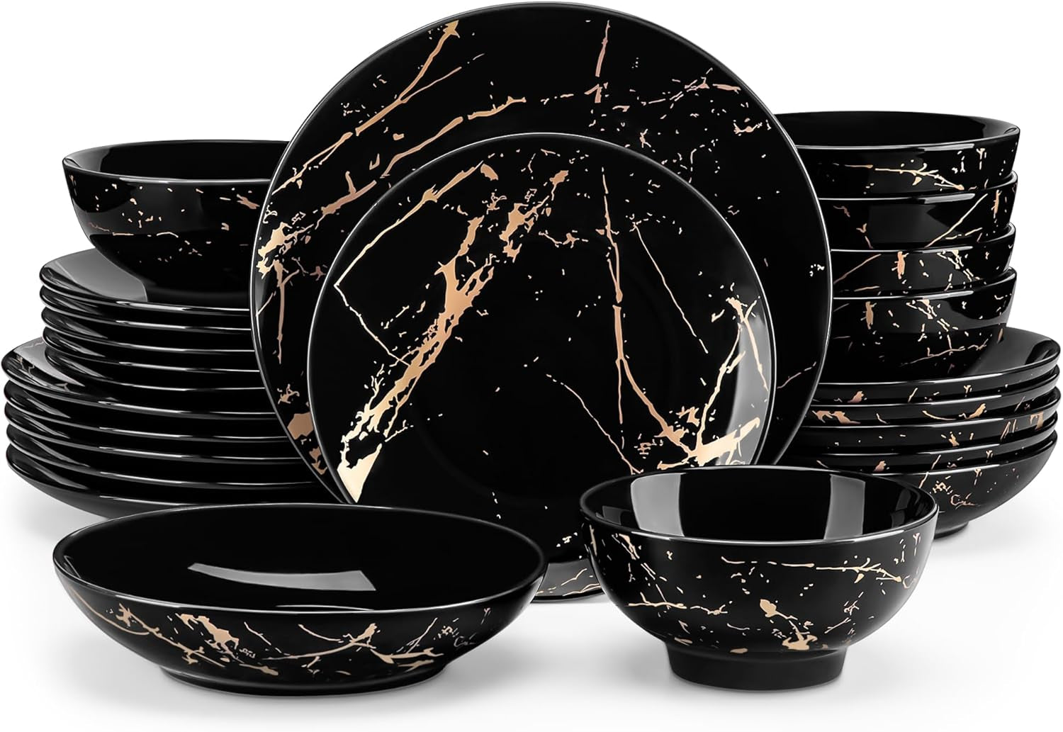 LOVECASA Ensemble de vaisselle en porcelaine série Daphné SWEET Ensemble combiné de 24 pièces Assiettes à dîner design doré Assiettes à dessert Bols à céréales et assiettes à dîner pour 6 personnes