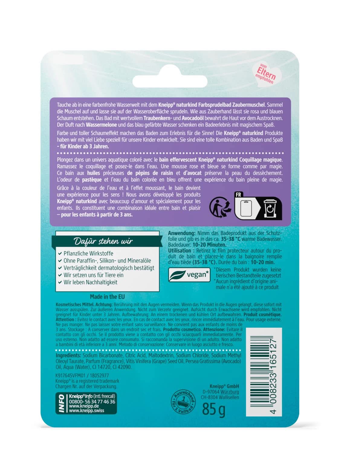 Kneipp Naturkind, additif de bain à l'huile de pépins de raisin précieuse et à l'avocat - zeste flottant au goût de melon pour un plaisir magique dans le bain - 1 pc. Naty Shop Douche et Bain