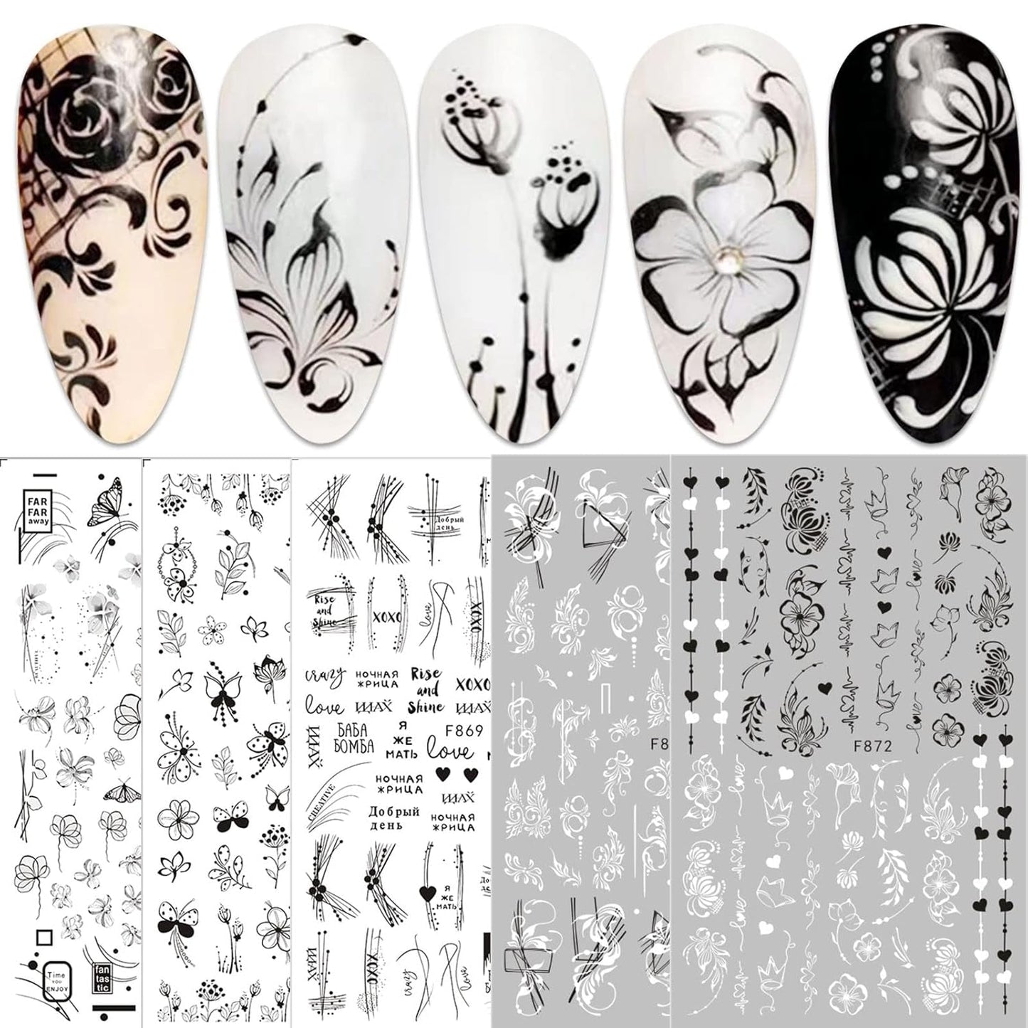 JMEOWIO Nagelsticker Blumen 10 Blatt Nagelaufkleber Selbstklebend Noir Blanc Fleur Nail Art Autocollant Décoration Nageldesign Zubehör