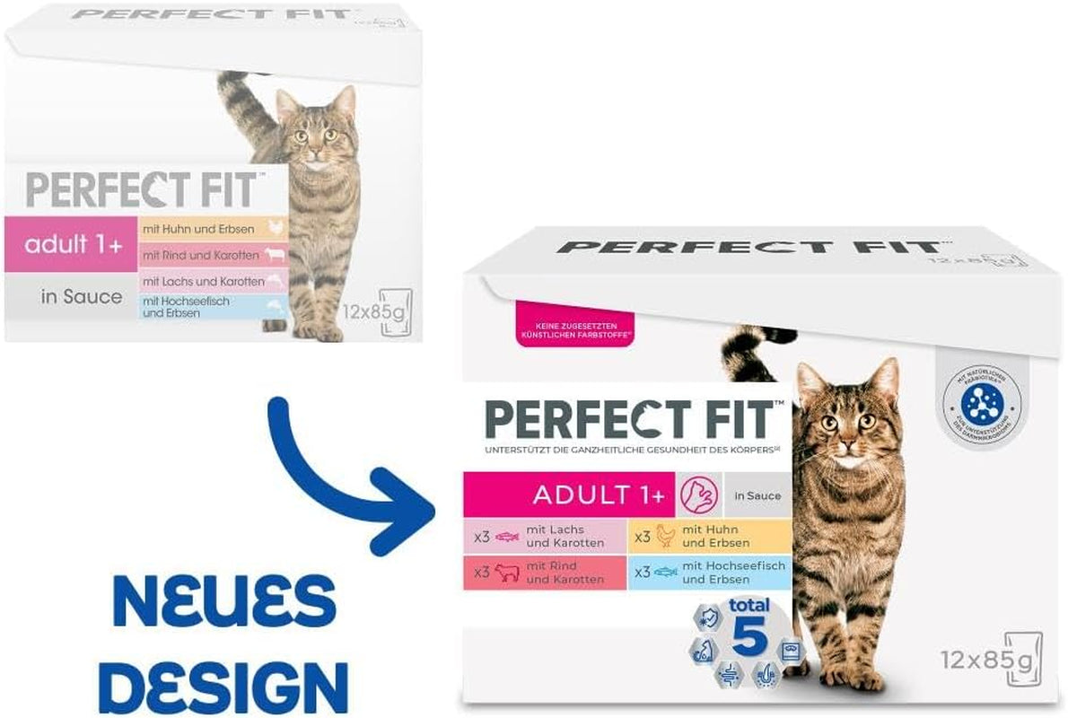 Sélection de nourriture humide Perfect Fit Adult 1+ au saumon, poissons d'eau profonde, bœuf et poulet, 48 sachets, 12x85g (paquet de 4) - Nourriture humide premium pour chat adulte à partir de 1 an