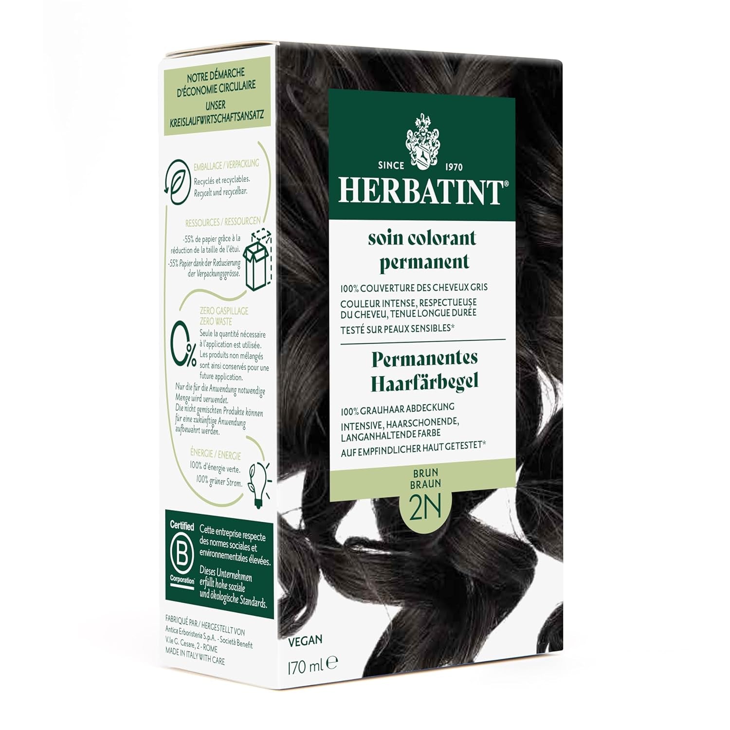 Gel Teinture Permanente 2N Blond Foncé - 170 ml I Sans Ammoniaque, Couverture 100% Cheveux Gris I Testée sur Peaux Sensibles, aux 8 Extraits Végétaux Naty Shop Coloration Capillaire 2N Marron