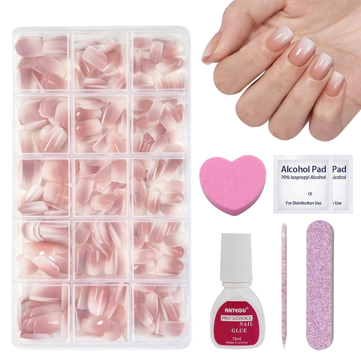 Ensemble de 240 faux ongles courts – Faux ongles artificiels naturels courts à coller – Ongles artificiels dégradés nus pour extensions d'ongles en boîte (dégradé nu)