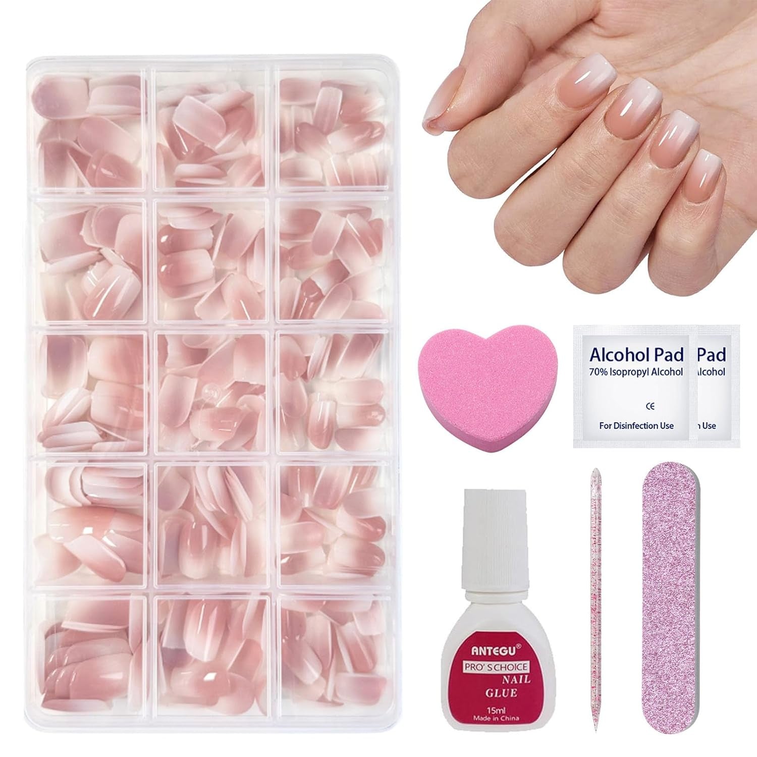 Ensemble de 240 faux ongles courts – Faux ongles artificiels naturels courts à coller – Ongles artificiels dégradés nus pour extensions d'ongles en boîte (dégradé nu)